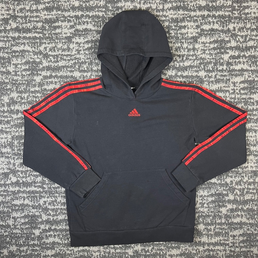 Adidas Hoodie Boys Large Black Red Three Stripe Pullover Sweatshirt Logo 1357